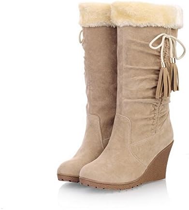 Maymeenth Womens Closed Round Toe High Heels Frosted PU Short Plush Solid Boots with Bowknot and Wedge