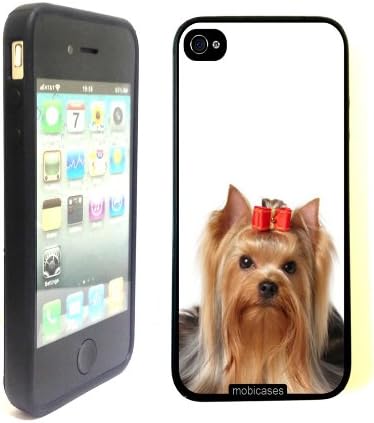 Yorkshire Terrier Yorkie Dog with Red Bow - Protective Designer BLACK Case - Fits Apple iPhone 4 / 4S / 4G