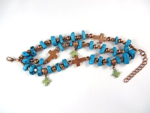 Cross Bracelet, Three Strand Cross Charm Bracelet (Copper Turquiose)