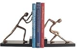 Set of Wood Bookends with Bronze Men Pushing