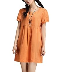 Short Sleeves Empire   Waistline Flared-Skirt Cotton/Linen  Dress