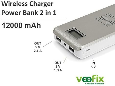 Power Bank Voofix¢ç 12000mah Portable Charger and Dual USB Output + Qi Wireless Receiver Function, with Intelligent LCD Display for Samsung Galaxy S6 S6 Edge Note 5 and all Qi Enabled Phones