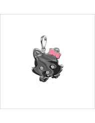 14k White Gold, Kitty Cat Pendant Charm with Pink Bow 15mm Wide