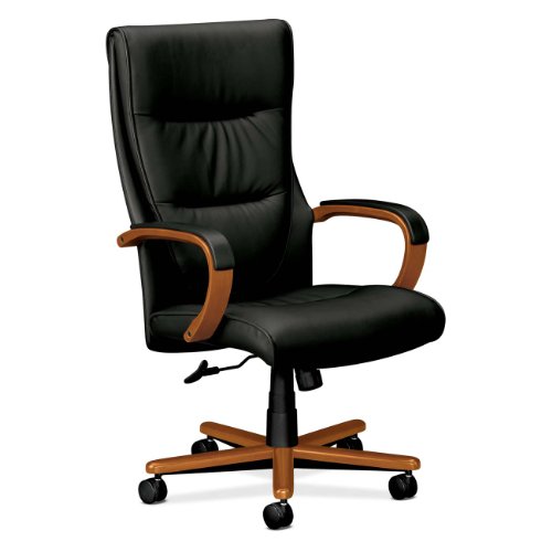 HON HVL844 Executive Chair, Bourbon Cherry Frame, Black Leather for Office or Computer Desk On Sale