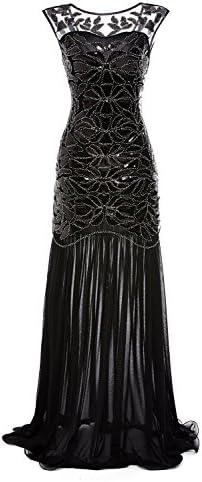 gastbypty Women's 1920s Black Sequin Gatsby Maxi Long Evening Prom Dress(Black,Medium)