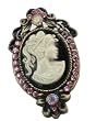 Antique Brass Finished Black & White Cameo Brooch Brooch Pin with Pink Austrian Crystals