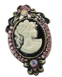 Antique Brass Finished Black & White Cameo Brooch Brooch Pin with Pink Austrian Crystals