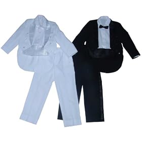 Boys Black or White Tuxedo Set with Tails, Cummerbund, and Bow Tie (10-14)