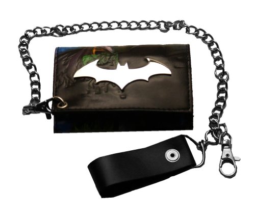 Batman Dark Knight Joker Metal Badge Logo Trifold Leather Wallet With Chain