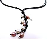 21" Inch Long Lilac Lavender Purple & White 9MM Freshwater Cultured Pearl Pendant Necklace, Black Rope Strand & Lobster Clasp