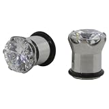 Pair 2 Gauge (6mm) - Prong-Set Large CZ Single Flared Ear Plugs with O-Ring - Body Jewelry