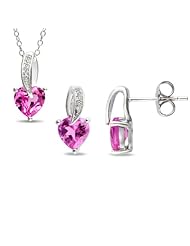 Sterling Silver Created Pink Sapphire Earring and Accent Diamond Pendant Set (0.048 Cttw, G-H Color, I3 Clarity)