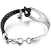 INBLUE Women's Stainless Steel Genuine Leather Bracelet Bangle Cuff Silver Tone Black