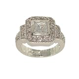 Vintage Look Fashion Ring with Bezel Set Princess Cut Clear Cubic Zirconia in Silvertone with Frames of Clear CZ Size 10