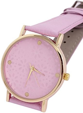 Faux Leather Band Women Flower Design Analog Quartz Wrist Watch Pink