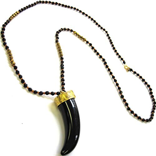 Black Resin Tusk Pendant with Black Jade Necklace. 30 Inch.