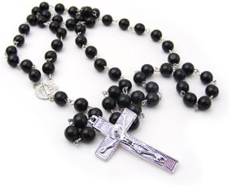 ETSYG Mens Necklace Beckham Cross Pendant Black Pearl Silver Plated Punk Jewelry