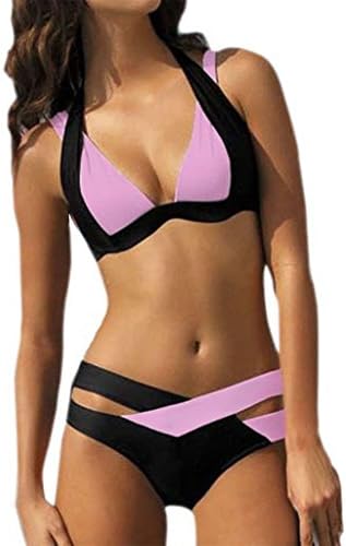 Juxing net Womens Cross Double Colored Padded Push Up Halter Bikini Swimsuit (FBA) Pink (US Size 2-4) S