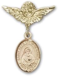 14K Gold Baby Badge with St. Bede the Venerable Charm and Angel with Wings Badge Pin