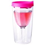 Vino2Go Double Wall Insulated Acrylic Wine Tumbler with Pink Slide Top Open/Close Drink Through Lid 10 oz.