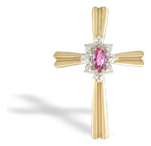 14K Yellow Gold Genuine Marquise Pink Tourmaline and Diamond Cross Pendant