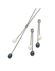 Black and White Freshwater Cultured Pearl Knot Necklace and Earring Set