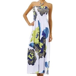 Watercolor Flowers Graphic Print Beaded Halter Smocked Bodice Maxi / Long Dress ( Free Shipping! )