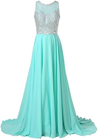 Dreamprom Chiffon Long Prom Dresses 2015 with High Neck & Fully Beaded Mesh Bodice (Mint Green, US16)