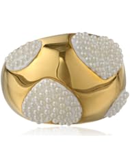 Ladys 18kt Gold Plated Stainless Steel with Simulated Pearl Hearts Fashionable Ring, Size 7