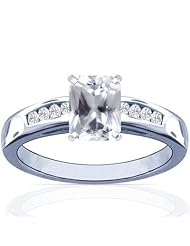 14K White Gold Emerald Cut White Sapphire Ring With Sidestones