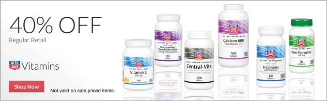 40% off Regular Retail Rite Aid Brand Vitamins. Not valid on sale priced items.
