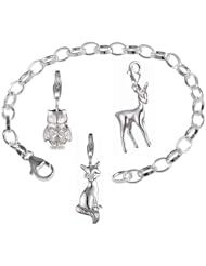 VINANI brand Germany 925 Sterling Silver Charm Bracelet Topic Wood Animals with 3 charm pendants Deer Fox Owl 19,5 cm (7.5") BWT