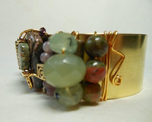 Wire Wrapped Brass Cuff Bracelet with Jasper, Unakite, Ruby Zoizite, Serpentine, and Amethyst Beads