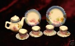 Dollhouse Miniature Watercolor Blue Tea Set in Porcelain