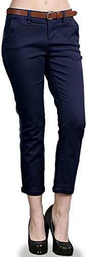 New Women's Stretch Cotton Button Trim Zipper with Belt Cropped Capri Pants S, Navy