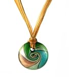 Necklace - N114 - Murano Glass Style - Round Shape ~ Green, Teal, Copper and Silver hung on 5 Strand Organza and Cotton Cord + 2' Extension Chain