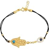 18K on Sterling Silver Hamsa and Evil Eye Bracelet with Turquoise and CZ