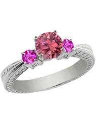 1.01 Ct Round Pink VS2/SI1 Diamond Sapphire and 925 Sterling Silver 3-Stone Ring