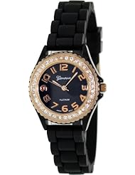 Geneva Platinum Womens 7805.Black.RoseGold Black Silicone Quartz Watch with Black Dial