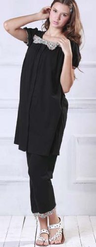 リバティプリントリボン付きナイティ 授乳機能付きセット　 マタニティパジャマブラック M