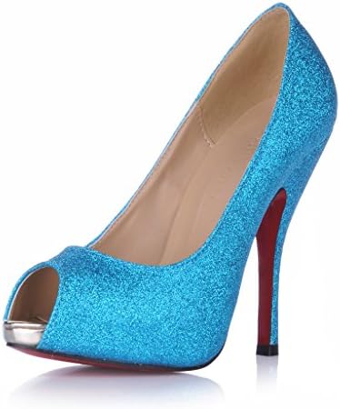 E FILLE PATRE Women's Zymoidp Thin High Heel Solid Color Red Bottom Glitter Pumps Blue 7.5 M US