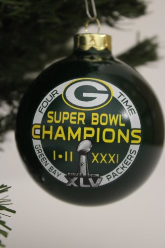 Green Bay Packers NFL “4 TIMES SUPER BOWL CHAMPIONS” Traditional 2 3/4″ Glass Christmas Ornament- Green