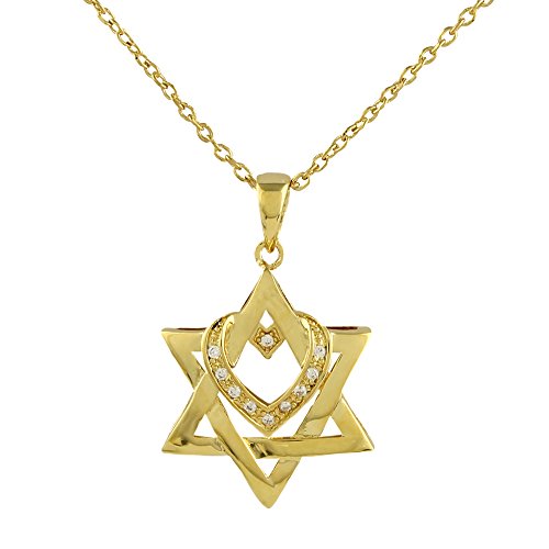 Star of David and Sparkling Heart Intertwined Pendant Necklace - 18K GoldPlated with Sparkling Clear Crystals