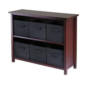 Winsome Wood Verona Wood 3 Tier Open Cabinet with 6 Black Folding Fabric Baskets by Winsome Wood