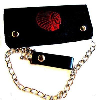 Men's Biker Leather Wallet Chain Bi Fold with Red Indian Chief's Head Print