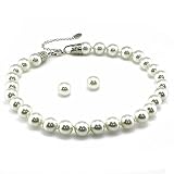 Classic Pearl Necklace ; 18"L with 3"L extension; 14mm glass pearl beads; Matching post earrings; Off white;