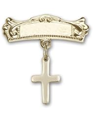 14kt Gold Baby Badge with Cross Charm and Arched Polished Badge Pin