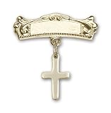 14kt Gold Baby Badge with Cross Charm and Arched Polished Badge Pin