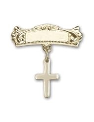 14K Gold Baby Badge with Cross Charm and Arched Polished Badge Pin