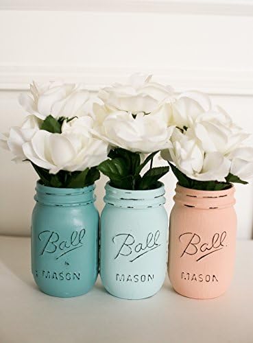 Painted Distressed Mason Jars -Blue and Coral- Wedding Centerpiece